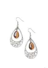 Load image into Gallery viewer, A pair of silver teardrop-shaped earrings with brown moon stone accents, featuring floral filigree detailing.
