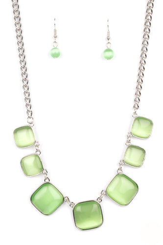 A green cat's eye stone necklace with silver fittings and a pair of matching green earrings.