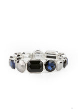 Load image into Gallery viewer, A silver-colored bracelet with a combination of black, blue, and hematite rhinestones set in clear frames around the wrist.
