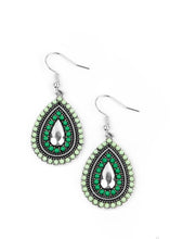 Load image into Gallery viewer, A pair of green and mint colored beaded earrings with a silver teardrop frame and studded details.
